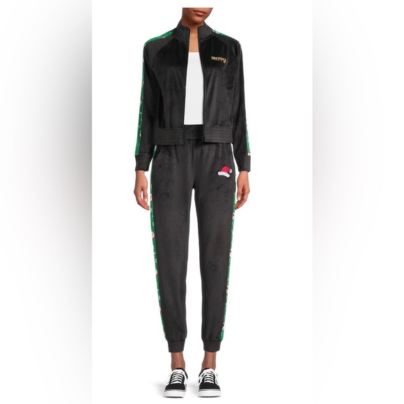 2pc black green HO HO HO bling sequin Christmas Velour Track pantsuit size XS(1) - Picture 2 of 10